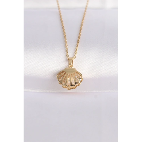 BFS 316L Çelik Zincir Altın Renk Zirkon Taşlı İnci Detay İstiridye Kolye