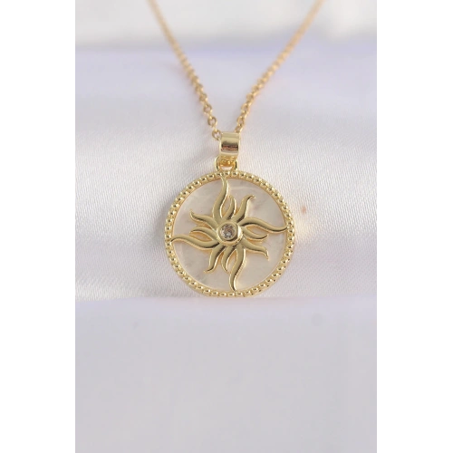 BFS 316L Çelik Zincir Altın Renk Zirkon Taşlı Oval Tasarım Güneş Kolye