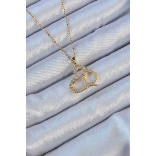 BFS 316L Çelik Zincir Altın Renk Zirkon Taşlı Yüzüklü Kalp Kolye