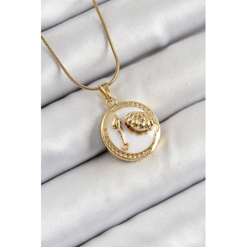 BFS 316L Çelik Zincir Beyaz Mineli Sanatsal Portre İstiridye Model Gold Renk Kadın Kolye