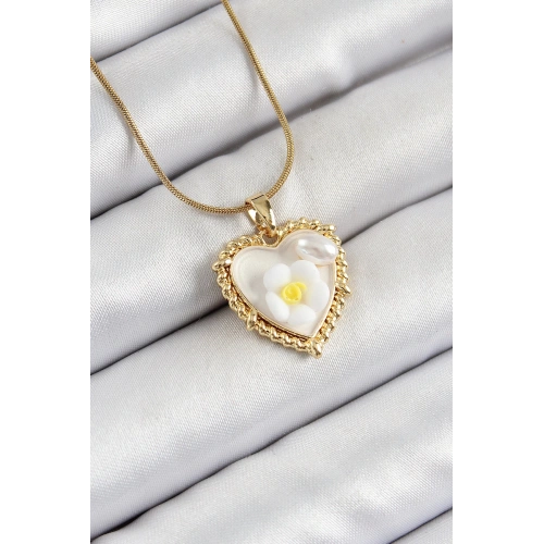 BFS 316L Çelik Zincir Beyaz Sanatsal Portre İnci Detaylı Papatya Figürlü Kalp Model Gold Renk Kadın Kolye