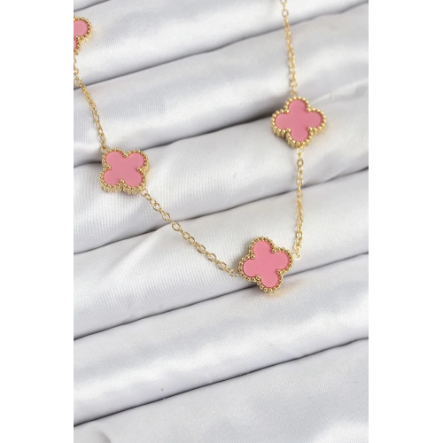 BFS 316L Çelik Zincir Gold Pembe Renk Yonca Kadın Kolye