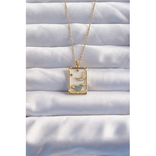 BFS 316L Çelik Zincir Gold Renk Ay Detay Mavi Zirkon Taşlı Tarot Kolye
