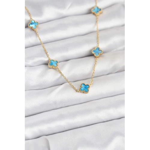 BFS 316L Çelik Zincir Gold Renk Buz Mavisi Baby Boy Yonca Kadın Kolye