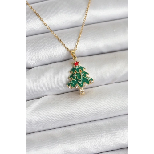 BFS 316L Çelik Zincir Gold Renk Çam Ağacı Model Yılbaşı Temalı Kadın Kolye