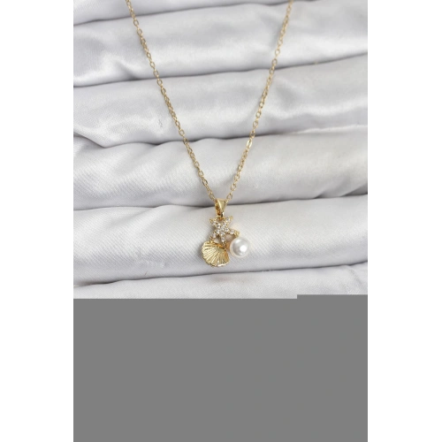 BFS 316L Çelik Zincir Gold Renk Deniz Kabuğu ve Deniz Yıldızı Model Zirkon Taşlı Kadın Kolye