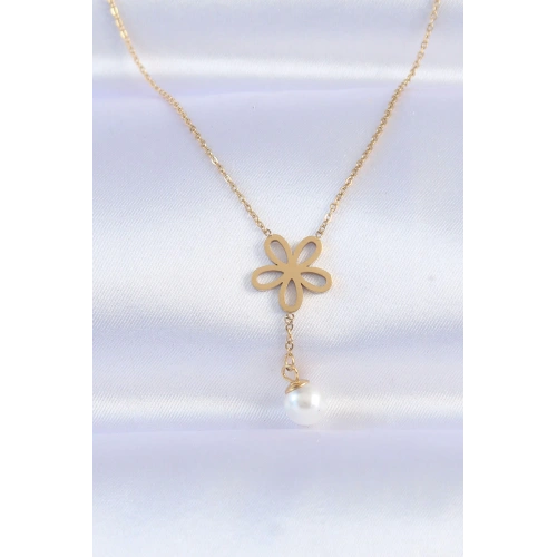 BFS 316L Çelik Zincir Gold Renk İnci Detay Çiçek Kolye