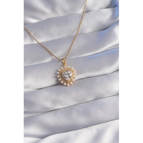 BFS 316L Çelik Zincir Gold Renk İncili Zirkon Taşlı Kalp Tasarımlı Kolye