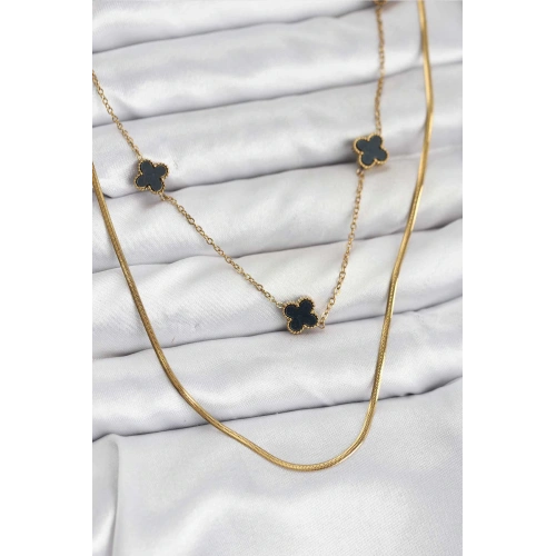 BFS 316L Çelik Zincir Gold Renk İtalyan Zincirli Siyah Yonca Model Kadın Kolye