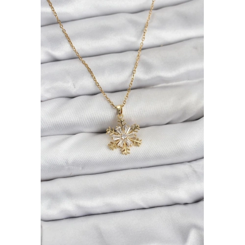BFS 316L Çelik Zincir Gold Renk Kar Tanesi Model Zirkon Taşlı Kadın Kolye