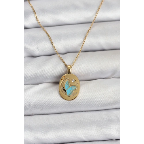 BFS 316L Çelik Zincir Gold Renk Kelebek Figür Kadın Kolye