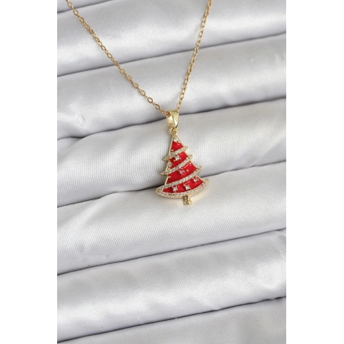 BFS 316L Çelik Zincir Gold Renk Kırmızı Çam Ağacı Model Yılbaşı Temalı Kadın Kolye