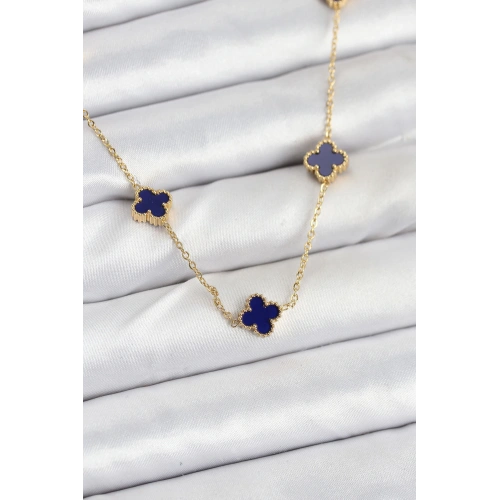 BFS 316L Çelik Zincir Gold Renk Lacivert Baby Boy Yonca Kadın Kolye