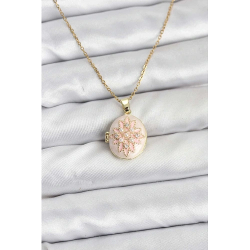 BFS 316L Çelik Zincir Gold Renk Mineli Lotus Model Açılabilir Kadın Kolye