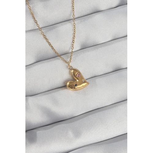 BFS 316L Çelik Zincir Gold Renk Renkli Zirkon Taşlı Kalp Kolye