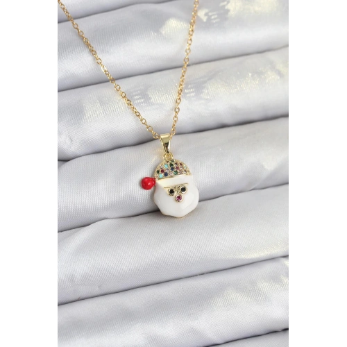 BFS 316L Çelik Zincir Gold Renk Şapkalı Kardan Adam Kafası Model Yılbaşı Temalı Kadın Kolye