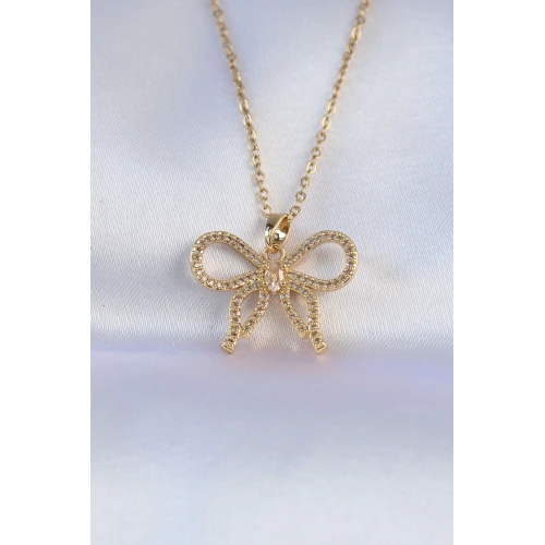 BFS 316L Çelik Zincir Gold Renk Zirkon Taşlı Fiyonk Kolye