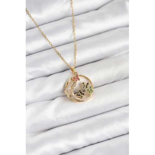 BFS 316L Çelik Zincir Gold Renk Zirkon Taşlı Kelebekli Kadın Kolye