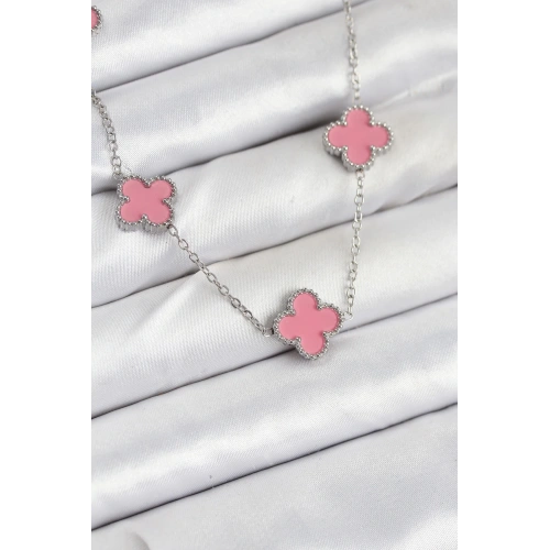 BFS 316L Çelik Zincir Gümüş Pembe Renk Yonca Kadın Kolye