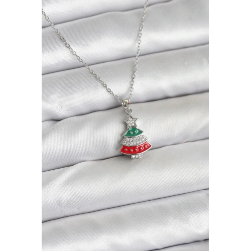 BFS 316L Çelik Zincir Gümüş Ren Çam Ağacı Model Zirkon Taşlı Yılbaşı Temalı Kadın Kolye