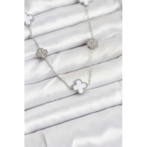 BFS 316L Çelik Zincir Gümüş Renk Beyaz ve Zirkon Taşlı Yonca Kadın Kolye