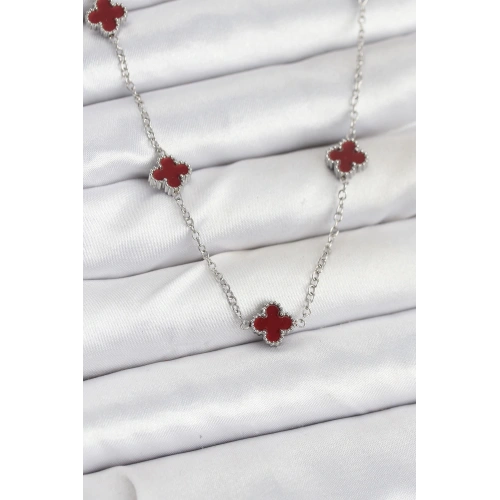 BFS 316L Çelik Zincir Gümüş Renk Bordo Baby Boy Yonca Kadın Kolye