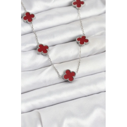 BFS 316L Çelik Zincir Gümüş Renk Bordo Renk Yonca Kadın Kolye