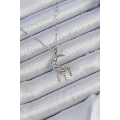 BFS 316L Çelik Zincir Gümüş Renk İşlemeli Zirkon Taşlı Ay Kolye