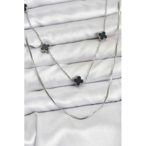 BFS 316L Çelik Zincir Gümüş Renk İtalyan Zincirli Siyah Yonca Model Kadın Kolye