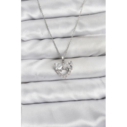 BFS 316L Çelik Zincir Gümüş Renk Kalp ve Fiyonk Model Zirkon Taşlı Kadın Kolye