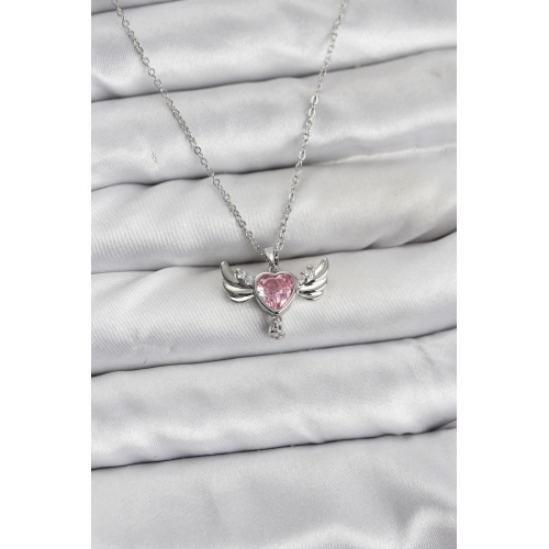 BFS 316L Çelik Zincir Gümüş Renk Kanatlı Kalp Model Zirkon Taşlı Kadın Kolye