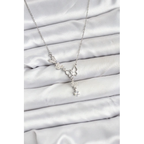 BFS 316L Çelik Zincir Gümüş Renk Kelebek Model Kadın Kolye