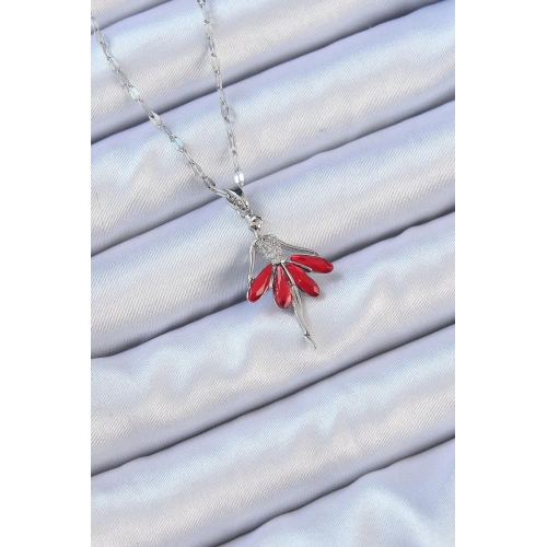 BFS 316L Çelik Zincir Gümüş Renk Kırmızı Etekli Zirkon Taşlı Balerin Kolye