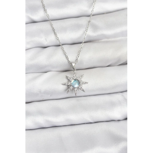 BFS 316L Çelik Zincir Gümüş Renk Kutup Yıldızı Model Zirkon Taşlı Kadın Kolye