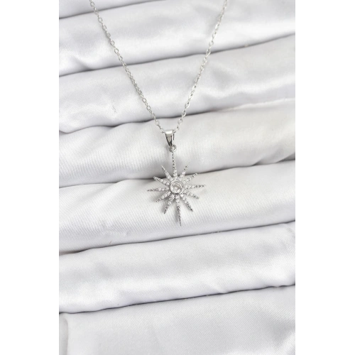 BFS 316L Çelik Zincir Gümüş Renk Kutup Yıldızı Model Zirkon Taşlı Kadın Kolye