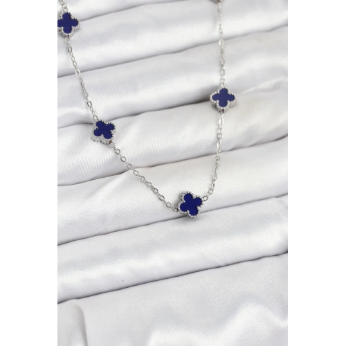 BFS 316L Çelik Zincir Gümüş Renk Lacivert Baby Boy Yonca Kadın Kolye