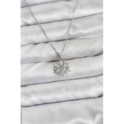 BFS 316L Çelik Zincir Gümüş Renk Lotus Model Zirkon Taşlı Kadın Kolye