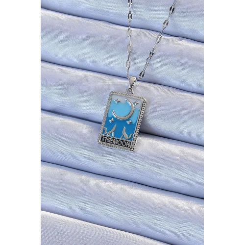 BFS 316L Çelik Zincir Gümüş Renk Mavi Mineli Ay Figür Tarot Kolye