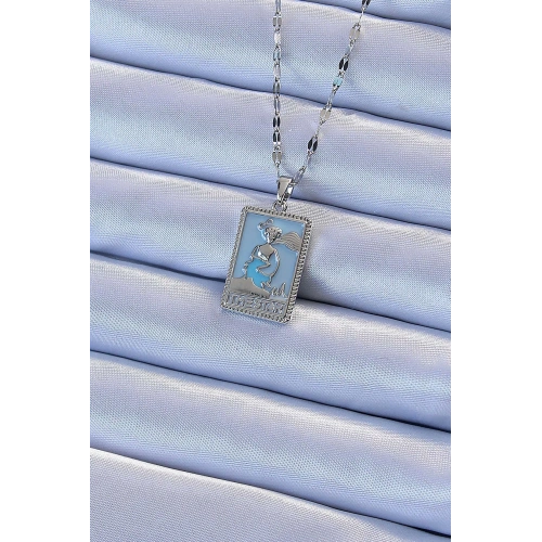 BFS 316L Çelik Zincir Gümüş Renk Mavi Mineli Tarot Kolye