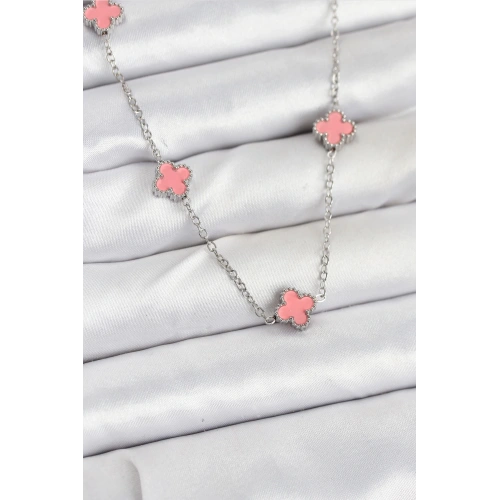 BFS 316L Çelik Zincir Gümüş Renk Pembe Baby Boy Yonca Kadın Kolye