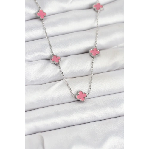 BFS 316L Çelik Zincir Gümüş Renk Pembe Baby Boy Yonca Kadın Kolye