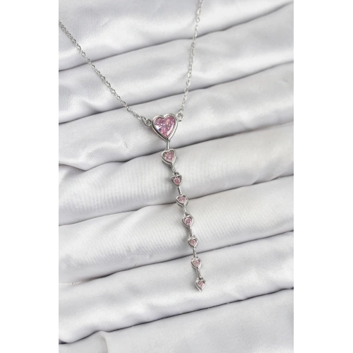 BFS 316L Çelik Zincir Gümüş Renk Pembe Kalp Kadın Kolye