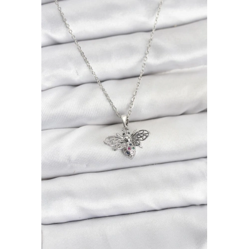 BFS 316L Çelik Zincir Gümüş Renk Sinek Model Zirkon Taşlı Kadın Kolye