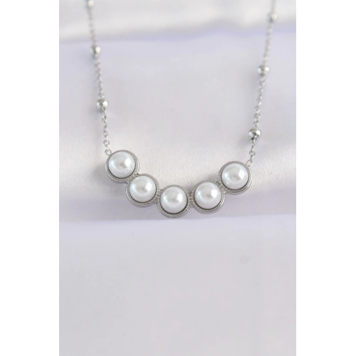 BFS 316L Çelik Zincir Gümüş Renk Sıralı İnci Taşlı Kolye