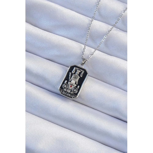 BFS 316L Çelik Zincir Gümüş Renk Siyah Mineli Tarot Kolye