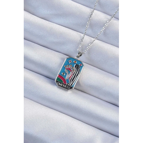 BFS 316L Çelik Zincir Gümüş Renk Taç ve Kız Figürlü Renkli Mineli Tarot Kolye