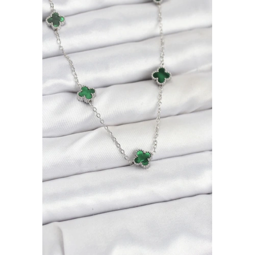 BFS 316L Çelik Zincir Gümüş Renk Yeşil Baby Boy Yonca Kadın Kolye