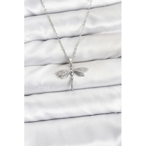 BFS 316L Çelik Zincir Gümüş Renk Yusufçuk Model Zirkon Taşlı Kadın Kolye