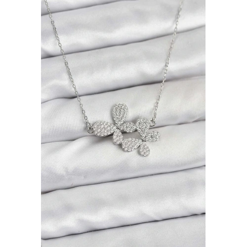 BFS 316L Çelik Zincir Gümüş Renk Zirkon Taşlı Kelebek Model Kadın Kolye