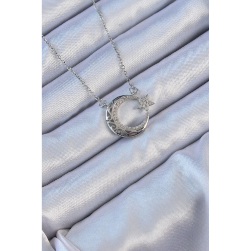 BFS 316L Çelik Zincir Gümüş Renk Zirkon Taşlı Motifli Ay Yıldız Kolye